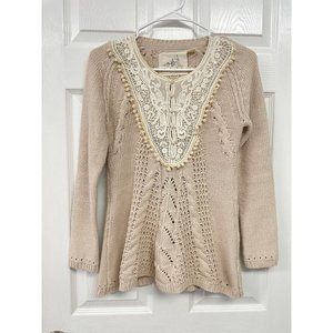 Anthropologie Cable Knit Pom Pom Crochet Lace Sweater Nude Appliques Woven XS